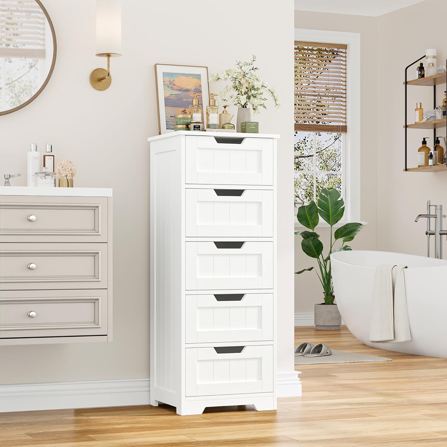 독립형 욕실 수납장, 5개의 서랍이 있는 나무 바닥 정 - Home Bathroom Furniture 리뷰 및 가격